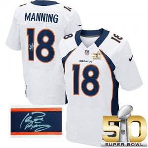 Nike Denver Broncos #18 Peyton Manning White Super Bowl 50 Men Stitched NFL Elite Autographed Jersey