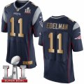 Mens Nike New England Patriots #11 Julian Edelman Elite Navy Gold Team Color Super Bowl LI 51 NFL Jersey