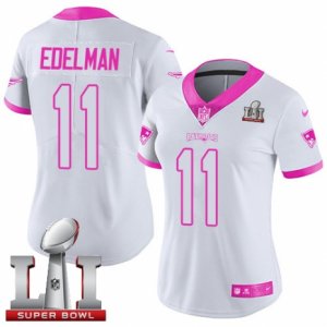 Womens Nike New England Patriots #11 Julian Edelman Limited White Pink Rush Fashion Super Bowl LI 51 NFL Jersey