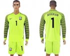 Brazil #1 Jefferson Green Long Sleeves Goalkeeper Soccer Country Jersey