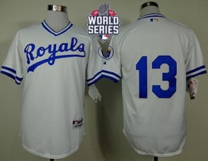 Kansas City Royals #13 Salvador Perez White 1974 Turn Back The Clock Wã€€2015 World Series Patch Stitched MLB Jersey