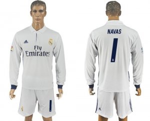 Real Madrid #1 Navas White Home Long Sleeves Soccer Club Jersey