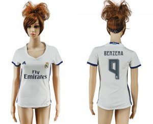 Womens Real Madrid #9 Benzema Home Soccer Club Jersey