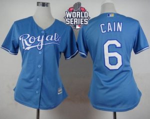 Women Kansas City Royals #6 Lorenzo Cain Light Blue Alternate 1 W 2015 World Series Patch Stitched MLB Jersey