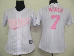 MLB Women Jerseys Minnesota Twins 7 Mauer White[Pink strip]