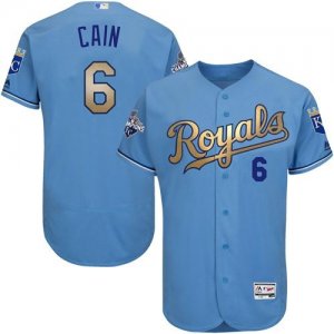 Kansas City Royals #6 Lorenzo Cain Light Blue FlexBase Authentic 2015 World Series Champions Gold Program Stitched Baseball Jersey