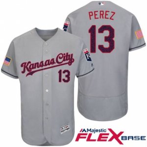 Men Kansas City Royals #13 Salvador Perez Gray Stars & Stripes 2016 Independence Day Flex Base Jersey