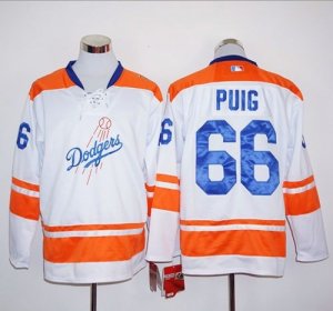 Los Angeles Dodgers #66 Yasiel Puig White Orange Long Sleeve Stitched MLB Jersey