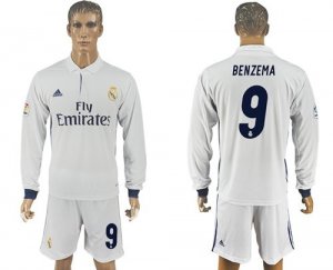 Real Madrid #9 Benzema White Home Long Sleeves Soccer Club Jersey