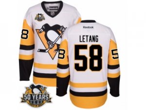 Men\'s Reebok Pittsburgh Penguins #58 Kris Letang Authentic White Away 50th Anniversary Patch NHL Jersey