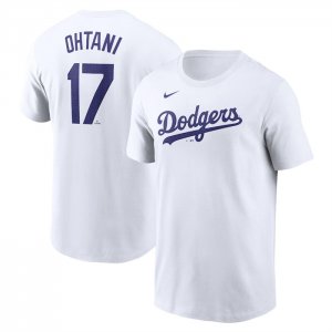 Men\'s Los Angeles Dodgers #17 Shohei Ohtani White 2024 Fuse Name & Number T-Shirt
