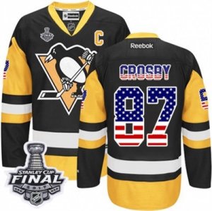 Mens Reebok Pittsburgh Penguins #87 Sidney Crosby Authentic Black Gold USA Flag Fashion 2017 Stanley Cup Final NHL Jersey