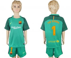 2017-18 Barcelona 1 TER STEGEN Green Youth Goalkeeper Soccer Jersey