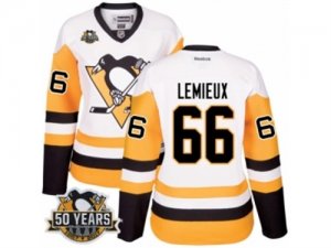 Womens Reebok Pittsburgh Penguins #66 Mario Lemieux Authentic White Away 50th Anniversary Patch NHL Jersey