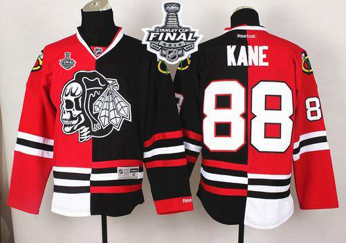 NHL Chicago Blackhawks #88 Patrick Kane Red-Black Split White Skull 2015 Stanley Cup Stitched Jerseys