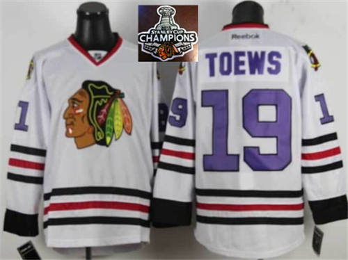 NHL Chicago Blackhawks #19 Jonathan Toews White purple number 2015 Stanley Cup Champions jerseys