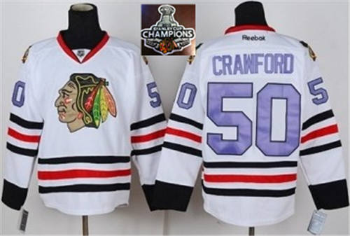 NHL Chicago Blackhawks #50 Corey Crawford White purple number 2015 Stanley Cup Champions jerseys