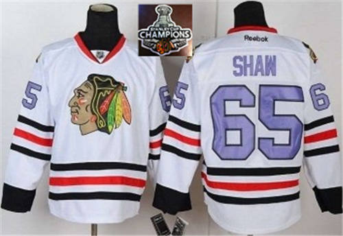NHL Chicago Blackhawks #65 Andrew Shaw White purple number 2015 Stanley Cup Champions jerseys