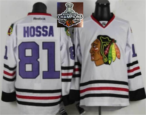 NHL Chicago Blackhawks #81 Marian Hossa white purple number 2015 Stanley Cup Champions jerseys