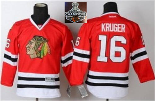 NHL Youth Chicago Blackhawks #16 Marcus Kruger Red 2015 Stanley Cup Champions jerseys