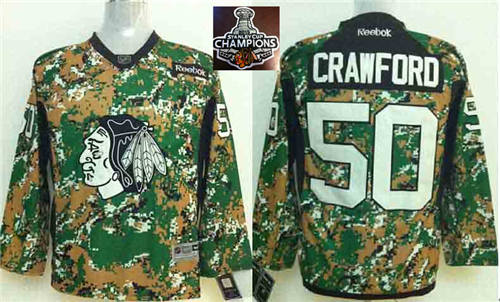 NHL Youth Chicago Blackhawks #50 Corey Crawford Camo Veterans Day Practice 2015 Stanley Cup Champions jerseys