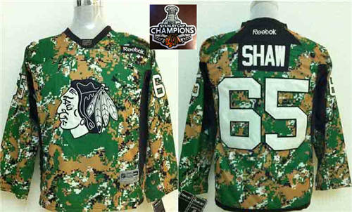 NHL Youth Chicago Blackhawks #65 Andrew Shaw Camo Veterans Day Practice 2015 Stanley Cup Champions jerseys