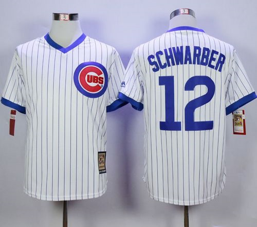 Chicago Cubs #12 Kyle Schwarber White Strip Home Cooperstown Stitched MLB Jersey