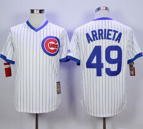 Chicago Cubs #49 Jake Arrieta White Strip Home Cooperstown Stitched MLB Jersey