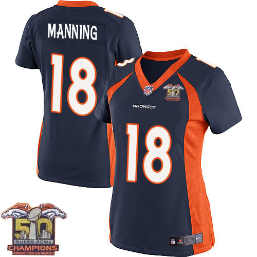 Women's Nike Broncos #18 Peyton Manning Navy Blue NFL Alternate Super Bowl 50 Champions Elite Jersey