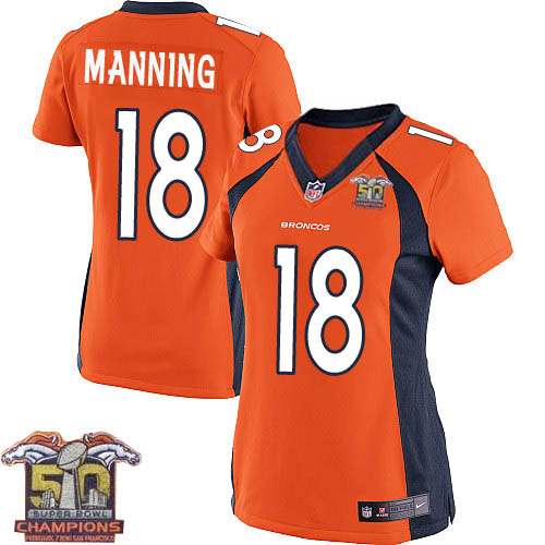 Women's Nike Broncos #18 Peyton Manning Orange NFL Home Super Bowl 50 Champions Elite Jersey