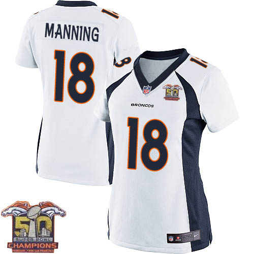 Women's Nike Broncos #18 Peyton Manning White NFL Road Super Bowl 50 Champions Elite Jersey