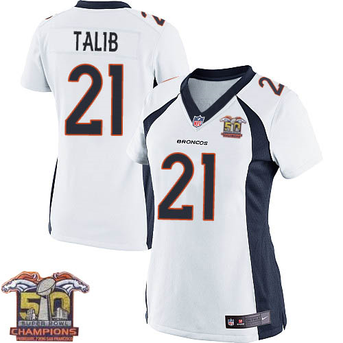 Women's Nike Broncos #21 Aqib Talib White NFL Road Super Bowl 50 Champions Elite Jersey