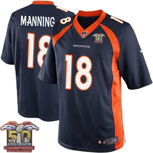 Youth Nike Broncos #18 Peyton Manning Navy Blue NFL Alternate Super Bowl 50 Champions Elite Jersey