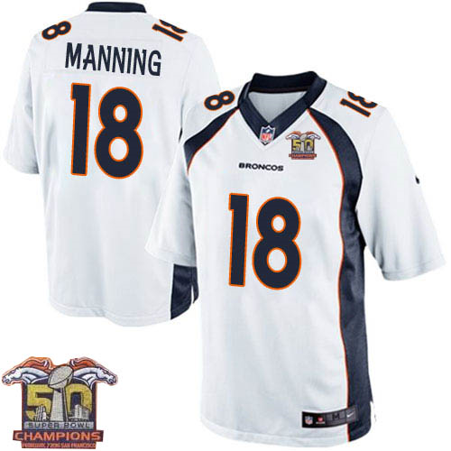 Youth Nike Broncos #18 Peyton Manning White NFL Road Super Bowl 50 Champions Elite Jersey