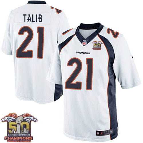 Youth Nike Broncos #21 Aqib Talib White NFL Road Super Bowl 50 Champions Elite Jersey