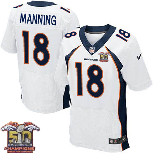 Nike Denver Broncos #18 Peyton Manning Men White NFL Road Super Bowl 50 Champions Elite Jersey