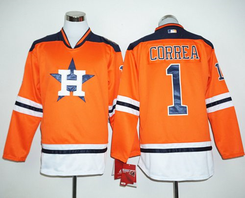 Men Houston Astros #1 Carlos Correa Orange Long Sleeve Stitched Baseball Jersey