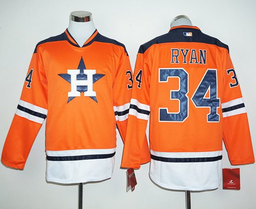 Men Houston Astros #34 Nolan Ryan Orange Long Sleeve Stitched Baseball Jersey