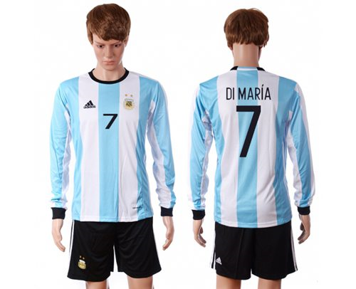 Argentina #7 Di Maria Home Long Sleeves Soccer Country Jersey