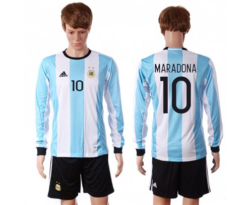 Argentina #10 Maradona Home Long Sleeves Soccer Country Jersey