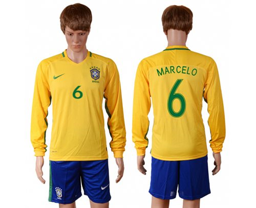 Brazil #6 Marcelo Home Long Sleeves Soccer Country Jersey