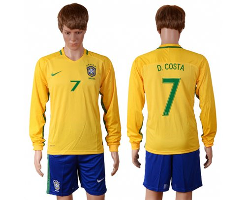 Brazil #7 D.Costa Home Long Sleeves Soccer Country Jersey