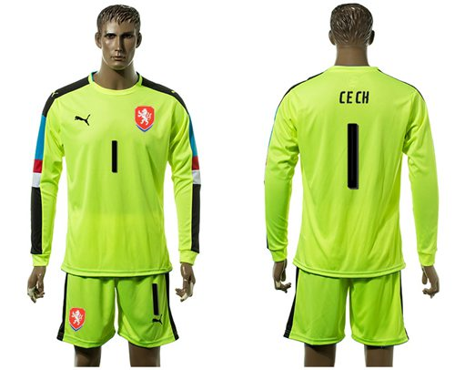 Czech #1 Cech Shiny Green Goalkeeper Long Sleeves Soccer Country Jersey