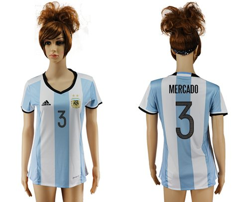 Womens Argentina #3 Mercado Home Soccer Country Jersey