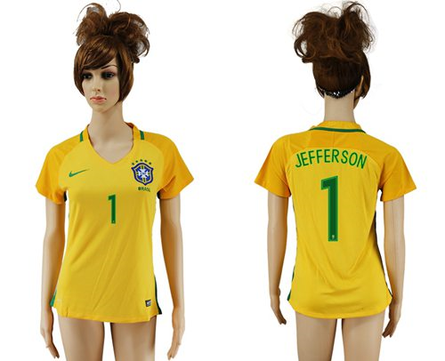 Womens Brazil #1 Jefferson Home Soccer Country Jersey